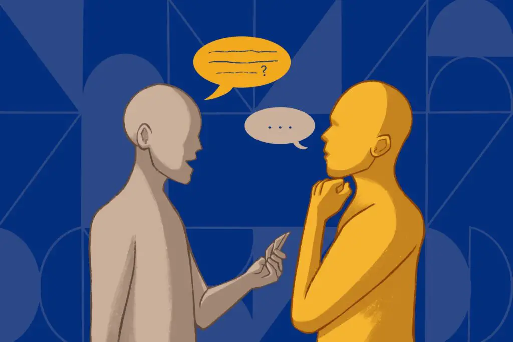 In an article about the card game, "Where Should We Begin?" two figures stand talking with speech bubbles near their faces.