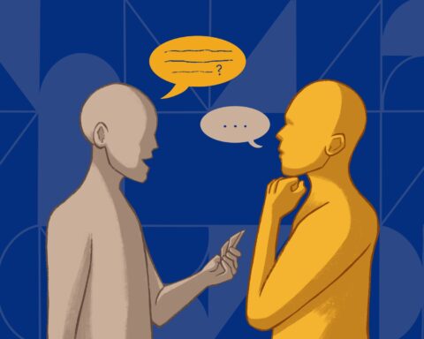 In an article about the card game, "Where Should We Begin?" two figures stand talking with speech bubbles near their faces.