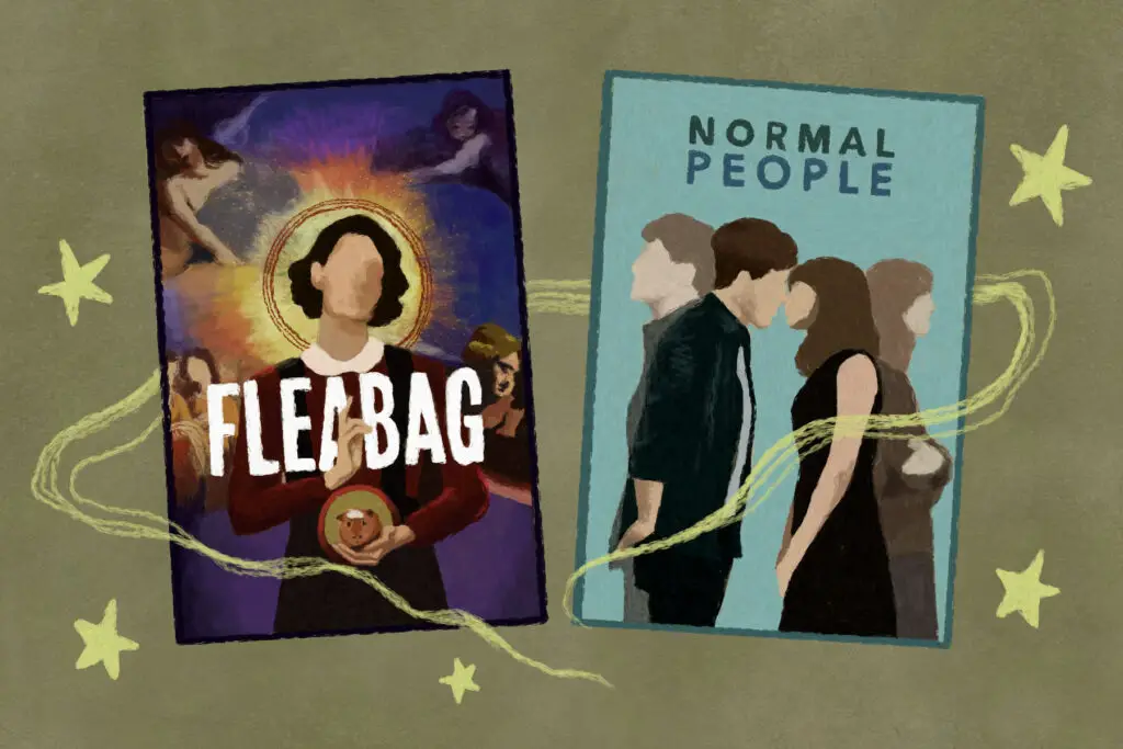 In an article about "Fleabag" and "Normal People," a woman stands with an angelic light behind her and two people lean in for a kis.