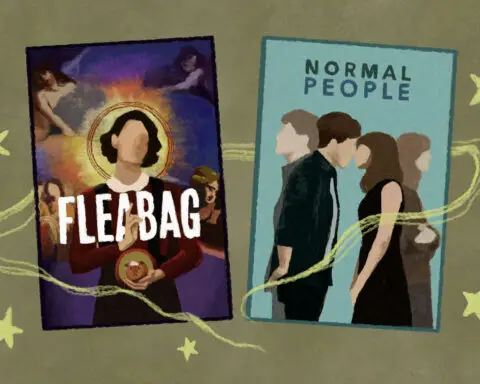 In an article about "Fleabag" and "Normal People," a woman stands with an angelic light behind her and two people lean in for a kis.