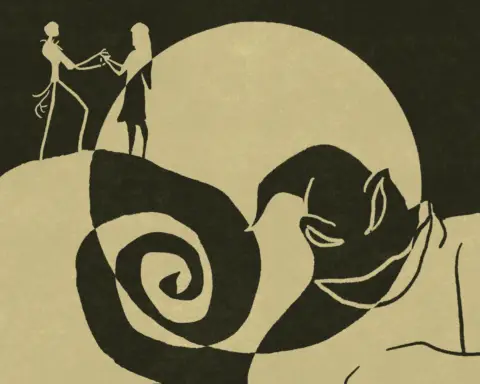 An article about "The Nightmare Before Christmas" features a monochrome silhouette of Jack Skellington and Sally and Oogie Boogie.