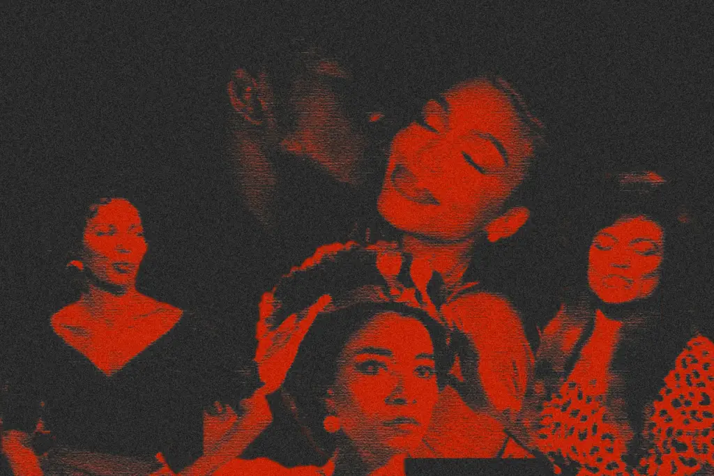In an article about dating for women, a woman (Lori Harvey) is being kissed by a man. Across the bottom, a woman in a v-neck dress (Dorothy Dandridge), a woman with her hands on her head (fictionalized Cleopatra) and a woman with her arms open (Eartha Kitt) stand.