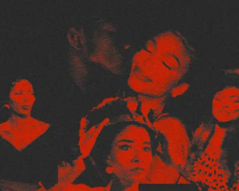 In an article about dating for women, a woman (Lori Harvey) is being kissed by a man. Across the bottom, a woman in a v-neck dress (Dorothy Dandridge), a woman with her hands on her head (fictionalized Cleopatra) and a woman with her arms open (Eartha Kitt) stand.