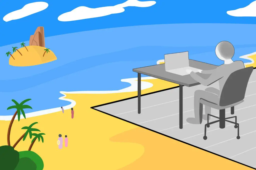 In an article about hustle culture in the US, a colorful beach landscape is far off to the left hand side. A greyscale person sits on the right side, typing on a laptop computer