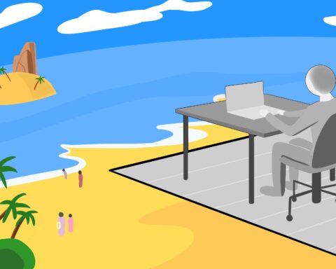 In an article about hustle culture in the US, a colorful beach landscape is far off to the left hand side. A greyscale person sits on the right side, typing on a laptop computer