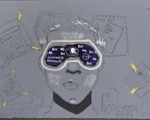 For an article about surveillance culture, a person wears an eye glass piece with the words "no," "buy," "obey," "overturned," "overruled" on it. A city scape is behind them and different fliers are posted too.