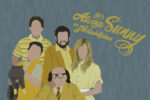 In an article about "it's always sunny in philadelpia" characters, 5 five figures stand in brght yellow outfits with a acat.