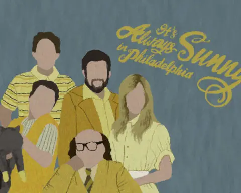 In an article about "it's always sunny in philadelpia" characters, 5 five figures stand in brght yellow outfits with a acat.