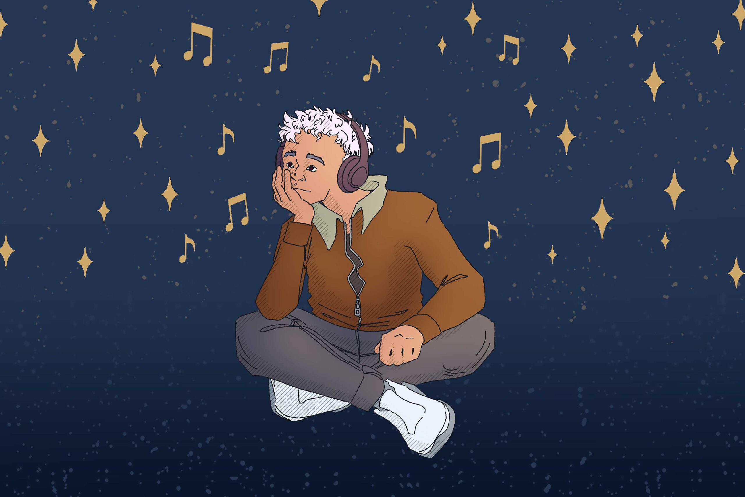 For an article about sonification of space data, a person sits cross-legged with head phones on staring off. A blue background with musical notes around them.