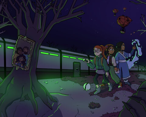 In an article about serious issues in children's shows, three girl characters walk through the woods while a train with neon green light is behind them.