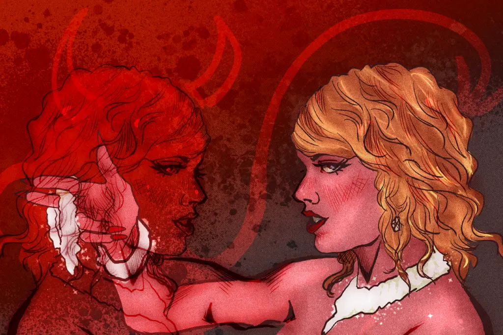 For an article about Taylor Swift's marketing strategies, a dark image of a blonde woman with a white collar necklace holds her two fingers up like a "gun." In the background, a red figure with a similar pose is seen with red horns and a tail drawn on her.