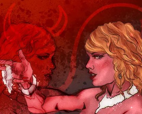 For an article about Taylor Swift's marketing strategies, a dark image of a blonde woman with a white collar necklace holds her two fingers up like a "gun." In the background, a red figure with a similar pose is seen with red horns and a tail drawn on her.