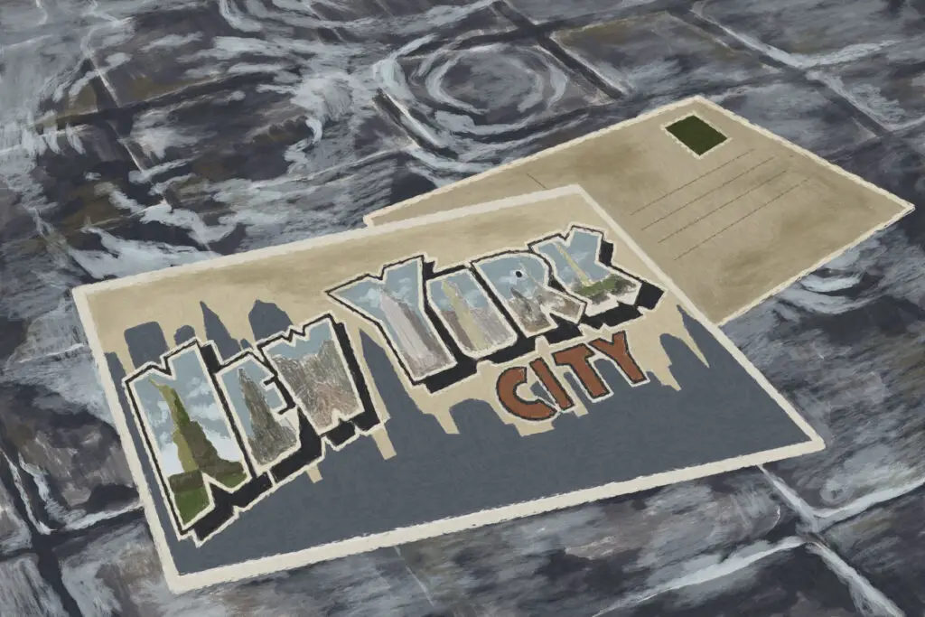 In an article about two essays about New York City, a post card with the words "New York City" across a cityscape. The post card is in a grey rain puddle.