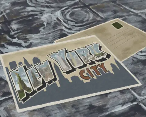 In an article about two essays about New York City, a post card with the words "New York City" across a cityscape. The post card is in a grey rain puddle.