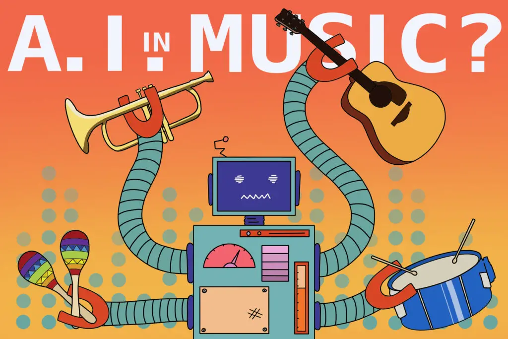In an Article about AI in Music, a teal robot carrie a trumpet, guitar, drumset, and horn.