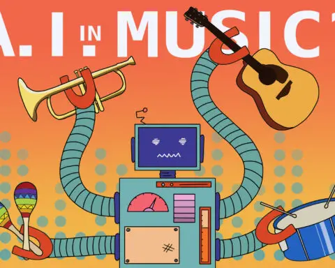 In an Article about AI in Music, a teal robot carrie a trumpet, guitar, drumset, and horn.