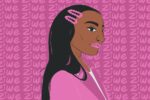 In a review of "Black Friend: Essays" by Ziwe, a black woman with pink hair clips and lipstickn stands with a pink sweater. The background repeats "Ziwe" in pink letters.