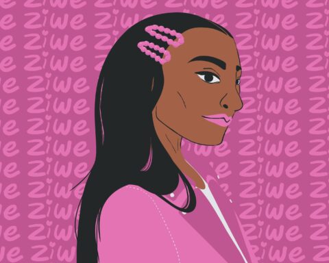 In a review of "Black Friend: Essays" by Ziwe, a black woman with pink hair clips and lipstickn stands with a pink sweater. The background repeats "Ziwe" in pink letters.