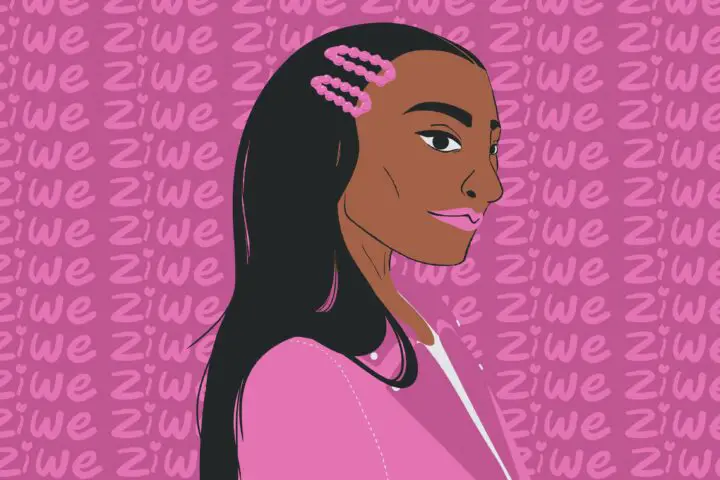 In a review of "Black Friend: Essays" by Ziwe, a black woman with pink hair clips and lipstickn stands with a pink sweater. The background repeats "Ziwe" in pink letters.