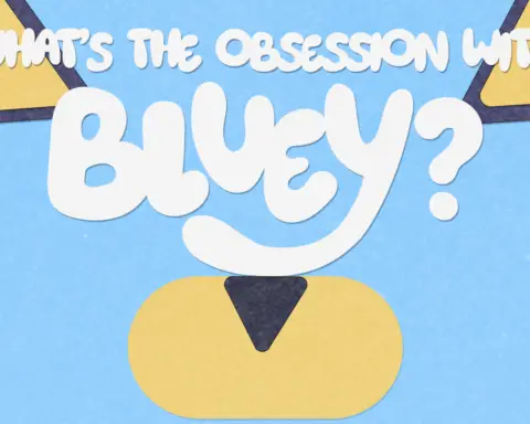 For an article about 'Bluey,' a blue background features the outlines of a snout and two ears. The words "What's the obsession with Bluey?" appear on the front.
