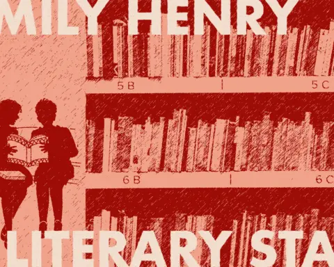 In an article about Emily Henry's success, a pink and red illustration of a book shelf and two girls reading a book. The words "Emily Henry" in the upper lefthand corner and "Literary Star" in the bottom right hand.