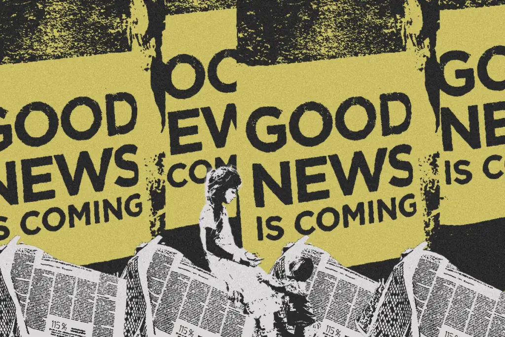 In an article about media bias, the words "good news is coming" are in bold in the background. A young girl sits with a young boy kneeling in front of her as they are in front of a pile of newspapers.