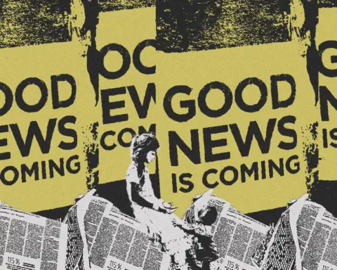 In an article about media bias, the words "good news is coming" are in bold in the background. A young girl sits with a young boy kneeling in front of her as they are in front of a pile of newspapers.