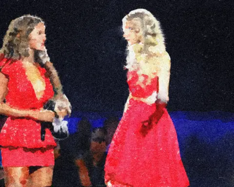 in an article about pop culture online courses, a woman in a red dress (Beyoncé) stands talking to another woman in a red dress (Taylor Swift).