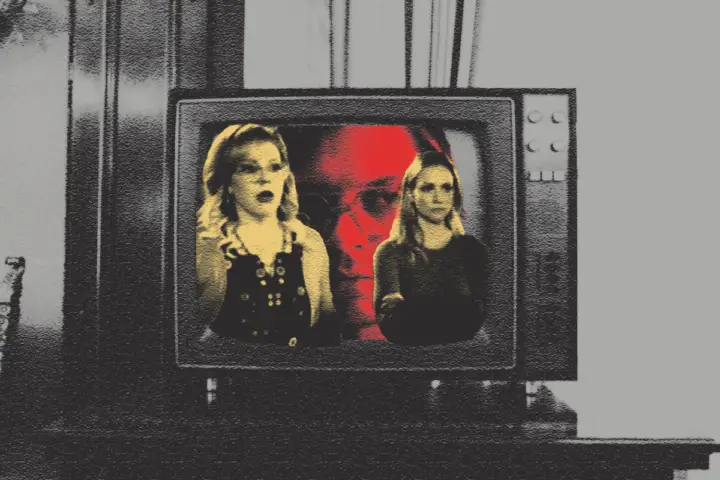 For an article about true crime television, two blonde women in jackets stand in front of a big head of a man with 70s style square glasses. They are set inside a black and white television set.