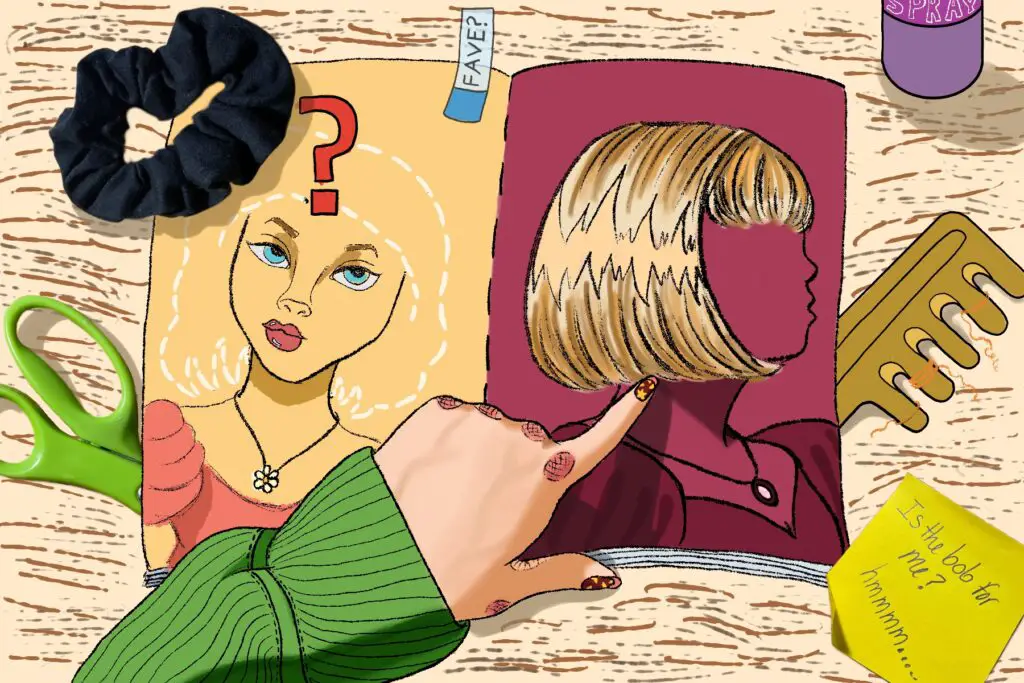 For an article on the history of the bob hairstyle, a magazine is open on an image of a women with an outline across her head that indicates hair. An offscreen figure points to the opposite page, where a blonde cutout bob hairstyle is present.