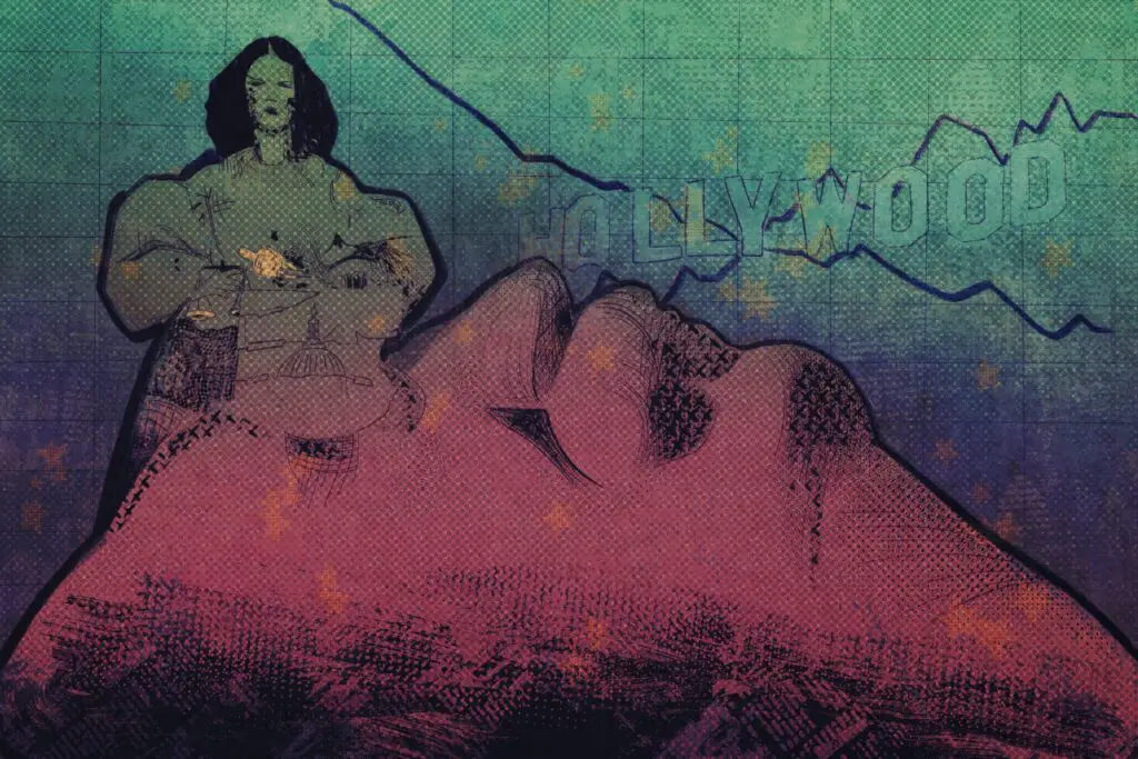 For an article about celebrities in politics, a woman with black hair stands tall above a pink mountain shaped like a face. Behind her is the "Hollywood" sign and a graph going up and down.