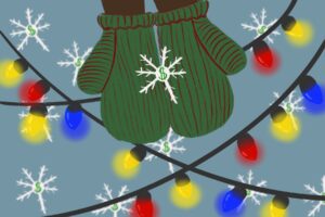 For an article on capitalism at Christmas time, someone wearing a pair of green ribbed gloves catch a snowflake with a money symbol in the center. A string of multi-colored lights is spread through out the image.