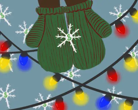 For an article on capitalism at Christmas time, someone wearing a pair of green ribbed gloves catch a snowflake with a money symbol in the center. A string of multi-colored lights is spread through out the image.