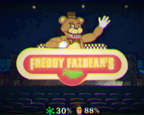 For an article on the FNAF film, a red lit sign reads "Freddy Fazenbear's Pizza" as an animatronic brown bear wearing a hat waves his hand. A green splat is next to the text "30%" and a red and white striped carton of popcorn icon is next to the text "88%."