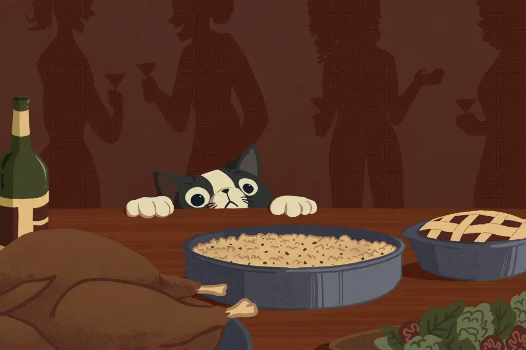 For an article on Friendsgiving recipes, a cat with black ears peaks over a dining table while peoples' silhouettes are in the background. On the table there is a bowl of mac and cheese, a turkey, a pie, and a bottle of wine.