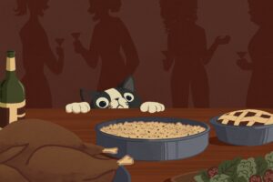 For an article on Friendsgiving recipes, a cat with black ears peaks over a dining table while peoples' silhouettes are in the background. On the table there is a bowl of mac and cheese, a turkey, a pie, and a bottle of wine.