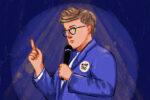 Against a dark purple background, a woman with short hair and glasses speaks into a microphone with her finger pointed up, with a #MeToo button pinned to her purple blazer.