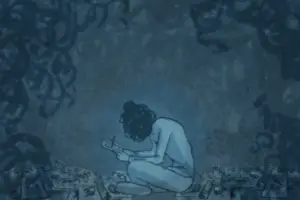 For an article on the obsessed artist trope in film, a figure sits criss crossed while writing in a journal in blue wash.