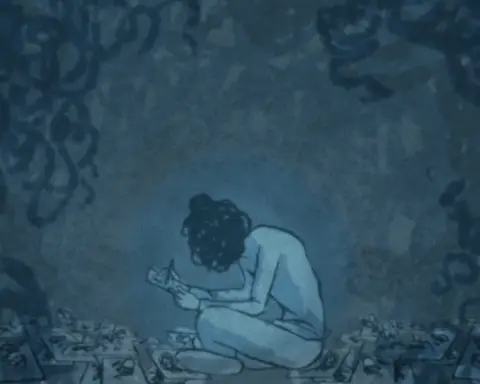 For an article on the obsessed artist trope in film, a figure sits criss crossed while writing in a journal in blue wash.