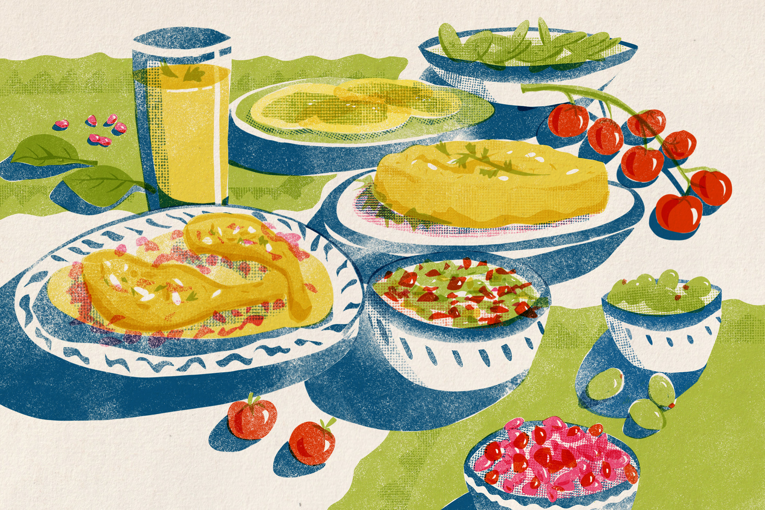 Faded art of foods on decorative plates set out on a table with bright green, red and yellow colors.