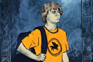 For an article about the Percy Jackson TV series, a boy with mid-length brown hair wears a bright orange-yellow shirt with a pegasus (winged horse) on it while carrying a dark backpack. He stands against a blue, water-like, crinkly paper background with a Greek-style border along the left and right side.