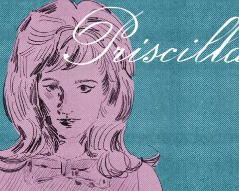 For a film review of "Priscilla," a hand drawn illustration of a women with the name "Priscilla" written in script above the image.