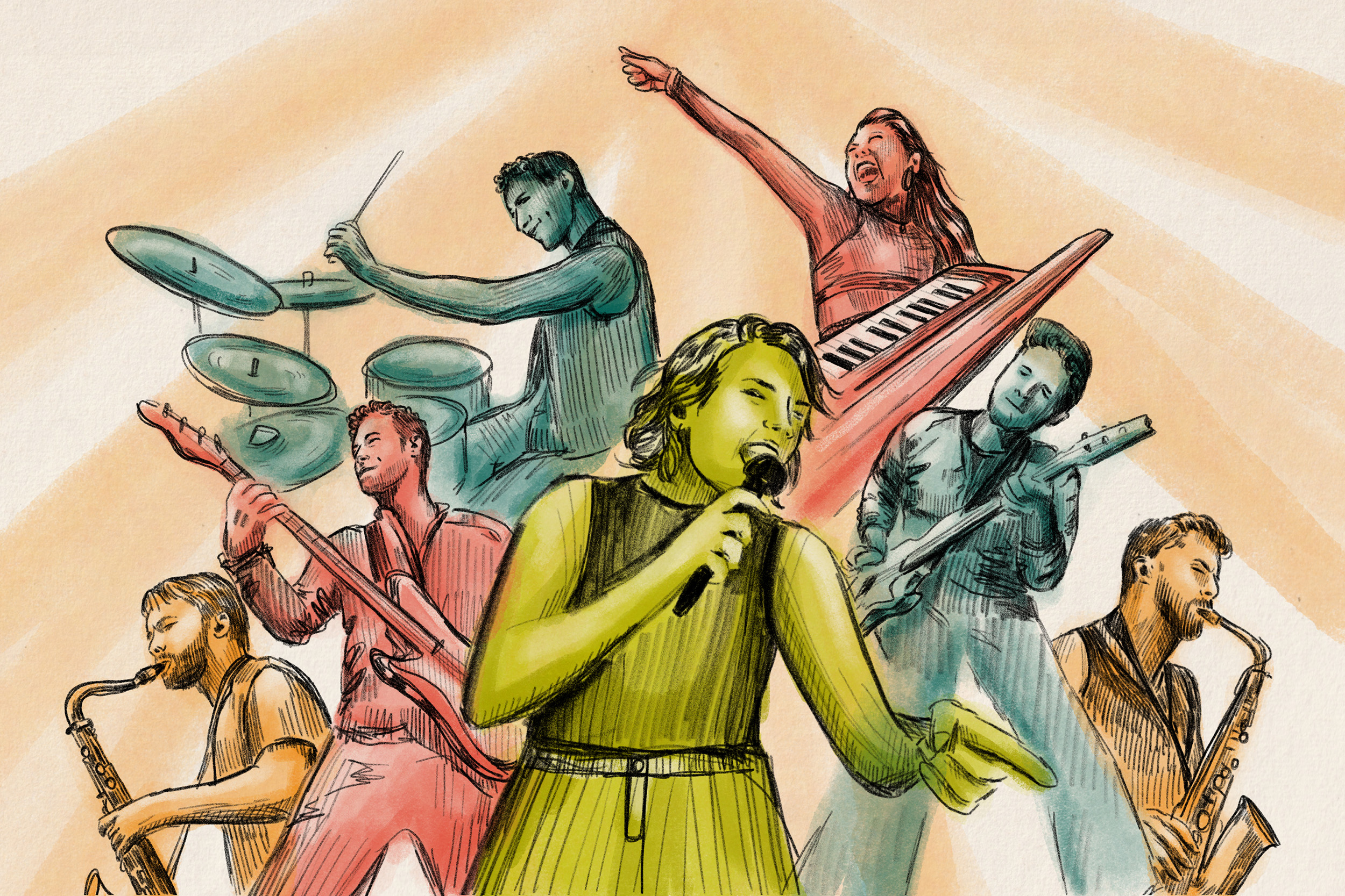 For an article on Sammy Rae and The Friends, a collection of drawings of different people with various instruments.