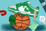 for an article on saving money, a green nike show sits atop a basketball piggy bank with cash coming out.