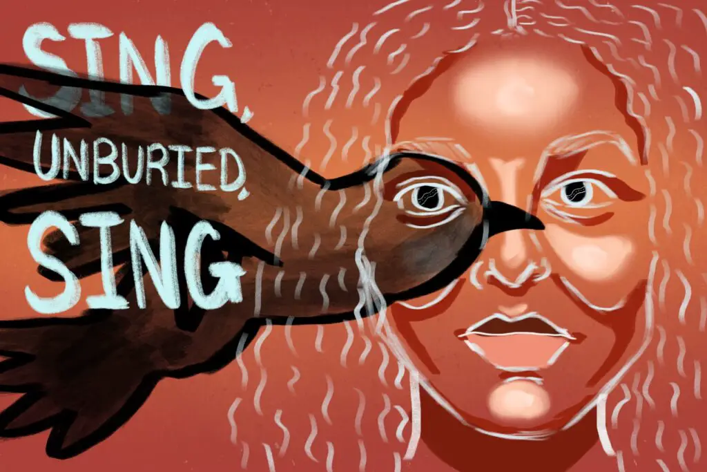For an article on the racial and environmental injustices of "Sing, Unburied, Sing," a woman is hand-drawn in white ink against a red-orange background. A bird is in flight and covers one of her eyes.