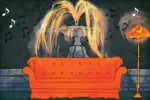 Against a dark grey background with music notes, the "Friends" orange couch sits in front of a spurting fountain.