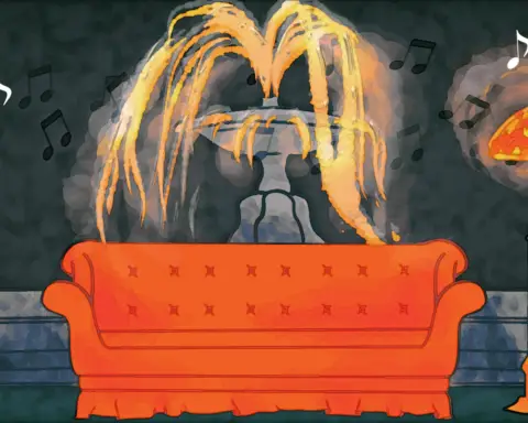 Against a dark grey background with music notes, the "Friends" orange couch sits in front of a spurting fountain.