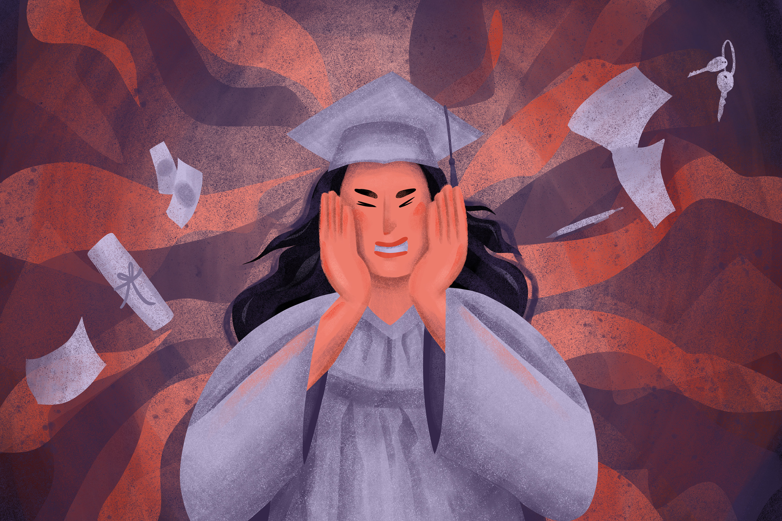 For an article about senioritis tips, a person with long hair wears a graduation cap and gown in front of a swirly pink and purple background. Papers, forms, a rolled diploma, and keys float around them.
