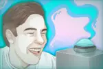 For an article on Cody Ko's "button" series, a man with short brown hair grins while staring at a bright blue button against a blue and pink swirly background.