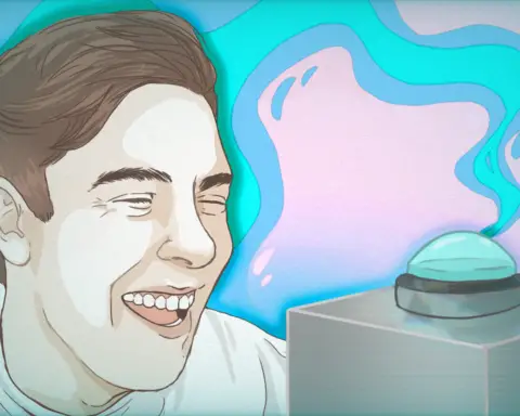 For an article on Cody Ko's "button" series, a man with short brown hair grins while staring at a bright blue button against a blue and pink swirly background.